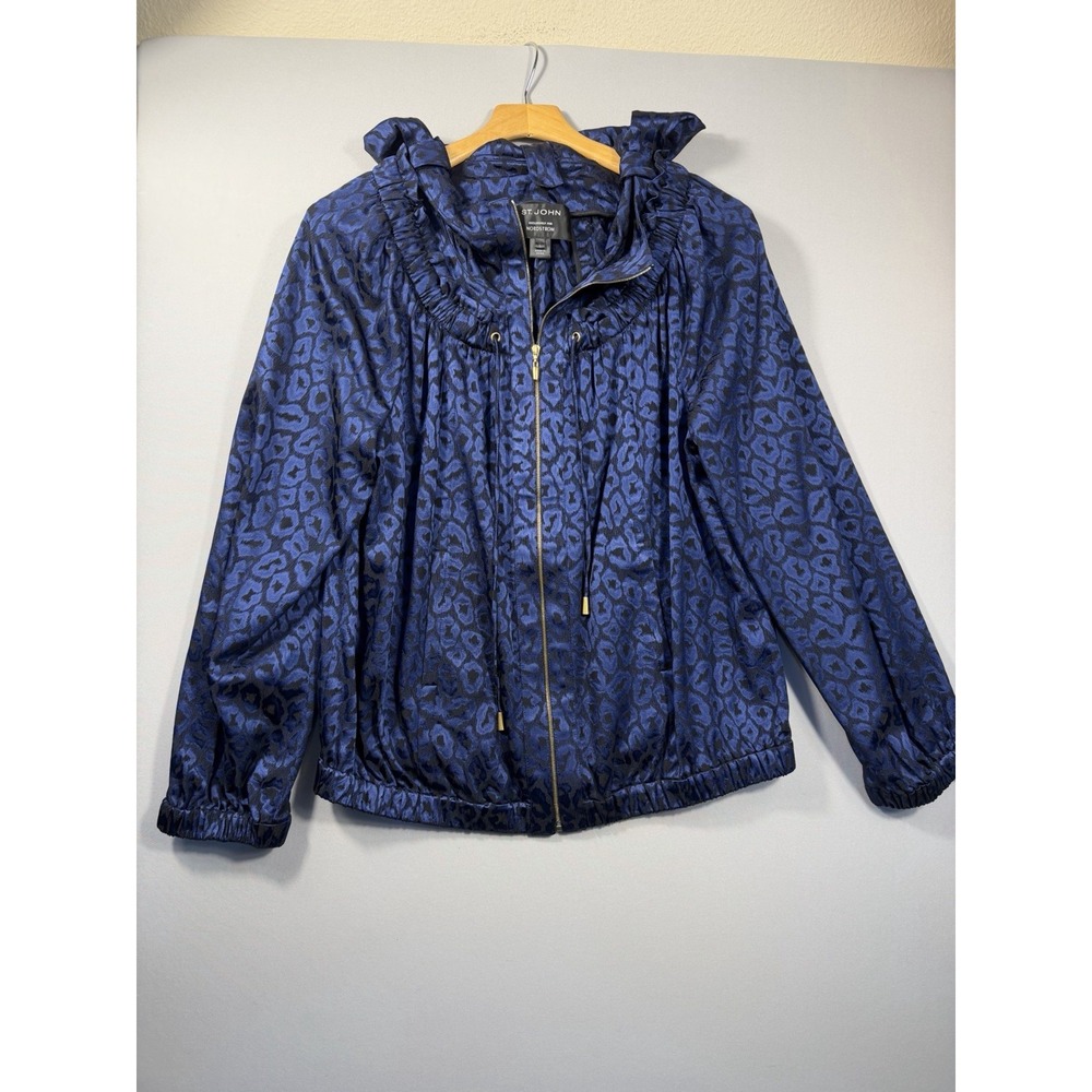 St John Jacket L Women Blue Leopard Animal Print Ruffle Convertible Hood Zip EUC